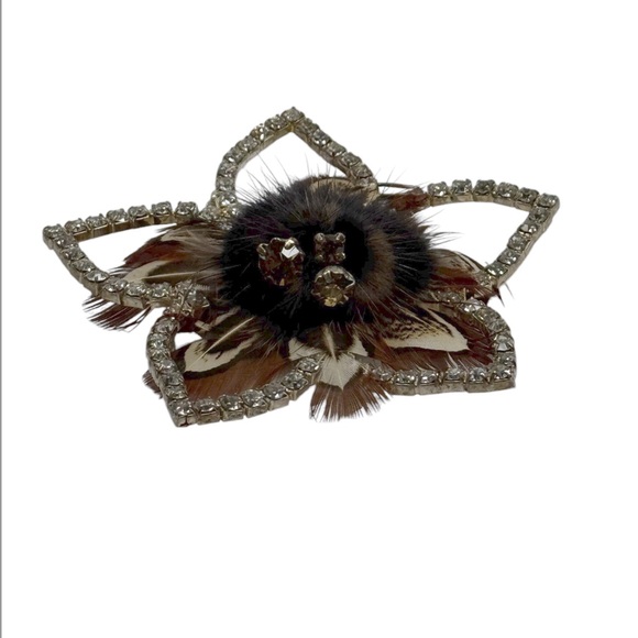 Large Rhinestone and Mink Brooch Pin 3” Feathers Vintage 1950s - Picture 3 of 4
